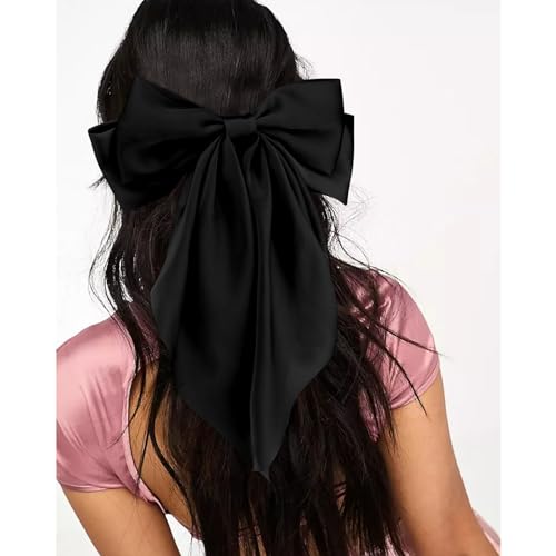 Velscrun 3Pcs Hair Bows for Women Black Hair Bow Big Hair Bows Clips for Girls Silky Satin Large Hair Ribbons Oversized Long Tail Hair Bows Hair Barrettes Hair Accessories Christmas Gifts