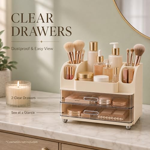 Large Makeup Organizer with 2 Clear Drawers, No Assembly