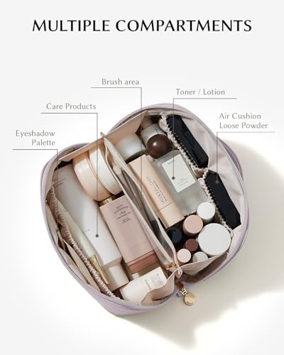 EACHY Medium Travel Makeup Bag for Women - Purple Flat Open Cosmetic Organizer