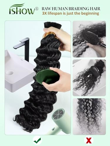 ISHOW Deep Wave Virgin Human Hair Bundles 24 Inch 150g - Boho 1B, 3 Pack