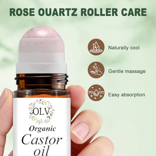 Organic Castor Oil with Rose Quartz Roller, 100% Pure Cold-Pressed Hexane-Free Unrefined, Reduces Fine Lines & Deeply Hydrates for Hair Growth, Eyelashes, Eyebrows & Firms Skin (50ML/1.7oz)