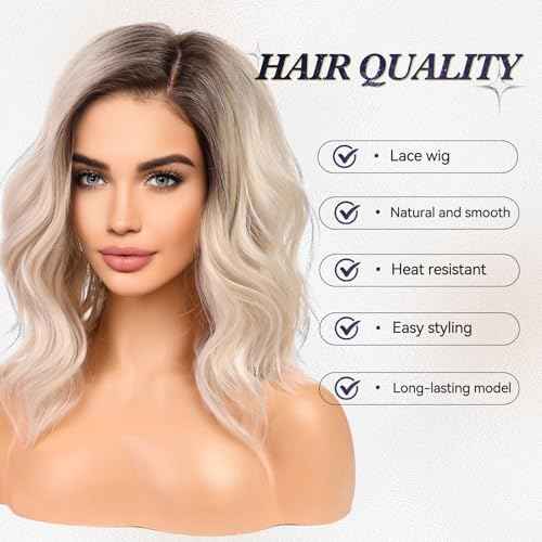 starluck Wig Lace Front Wigs for Women Partial Platinum Blonde Curly Shoulder Length Wig Synthetic Lace front Hair for Women Daily Wear