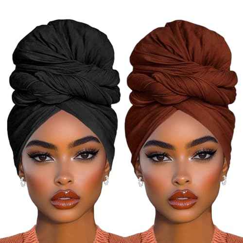 COOKOO 2 Piece Stretch Hijab Extra Jersey Turban African Women's Soft Head Wraps Fashion Head Scarf Long Solid Color Head Band Head Scarf for Women(Black+Coffee)