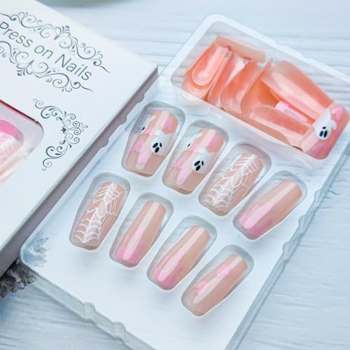 Mkwntg Halloween Press on Nails Medium Square Fake Nails Cute Ghost Pink Heart Liquid Full Cover Stick on Nails Glossy White Spider Web Glue on Nails for Women Girls Holiday Nail Decoration 24Pcs