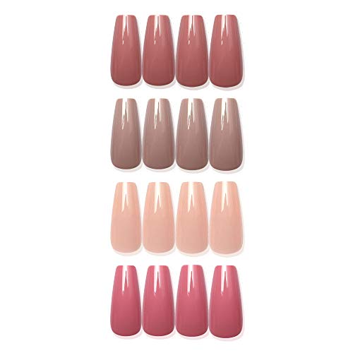 Laza 96 Pcs Colorful Fake Nails 4 Pack Long Ballet Ballerina Coffin Lotus Pink Nude Champagne Full Cover Long UV Coat Artificial Acrylic Nails - Lotus Cinnamon