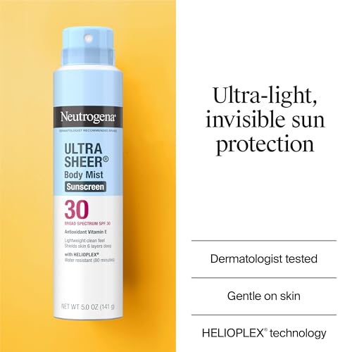 Neutrogena Ultra Sheer Body Mist Sunscreen Spray, Broad Spectrum SPF 30, Oil-Free & Non-Comedogenic UVA/UVB, 5 oz Pack of 3, Packaging may vary