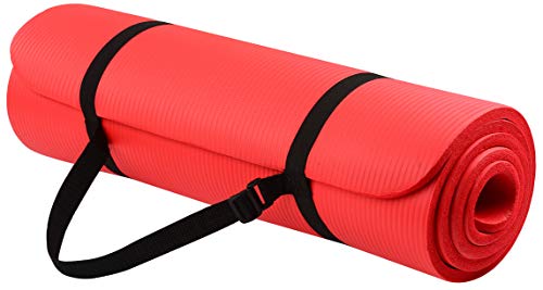 Signature Fitness All Purpose 1/2-Inch Extra Thick High Density Anti-Tear Exercise Yoga Mat with Carrying Strap and Yoga Blocks, Red