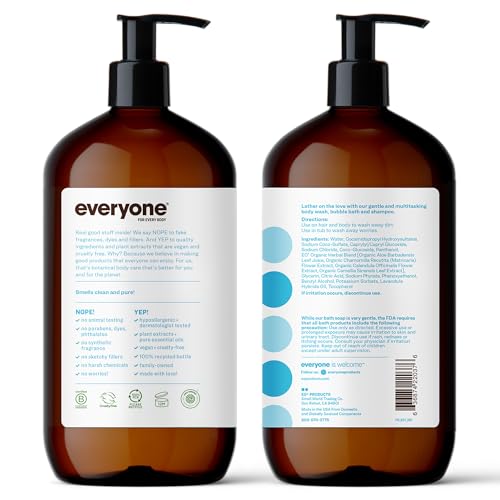 Bundle of Everyone 3-in-1 Soap, Body Wash, Bubble Bath, Shampoo, 32 Ounce (Pack of 2), Unscented + Everyone Nourishing Hand and Body Lotion, 32 Ounce (Pack of 2), Unscented