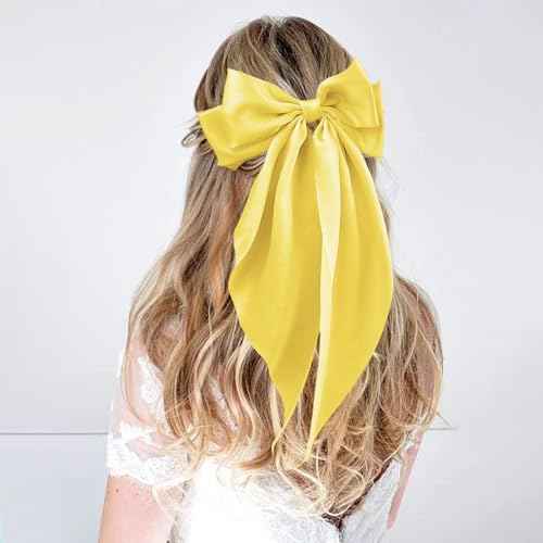 Large Satin Bow Barrettes Clips in Yellow - Hair Accessories for Women