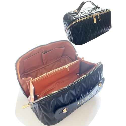 Travel Makeup Bag for Women, Large Capacity Cosmetic Bags for Girls, Compact Pouch Make up Organizer, Waterproof Toiletry Bag with Divider and Handle (Black)