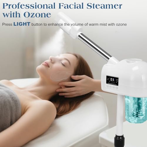Professional Facial Steamer, Nano Ionic Hot Mist Spray, Stand Facial Steamer for Estheticians, Timer Function, Vaporizador Face Steamer on Wheel, for Home Salon SPA