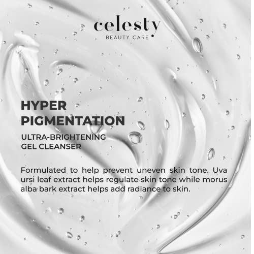 Celesty Beauty Brightening Glowing Face Wash, Facial Cleanser Gel, Vitamin C, Glycolic Acid (AHA), Salicylic Acid (BHA), Uva Ursi Leaf Extract Pro Vitamin B5 for Sensitive Smooth Skin Large 6.7 fl.oz.