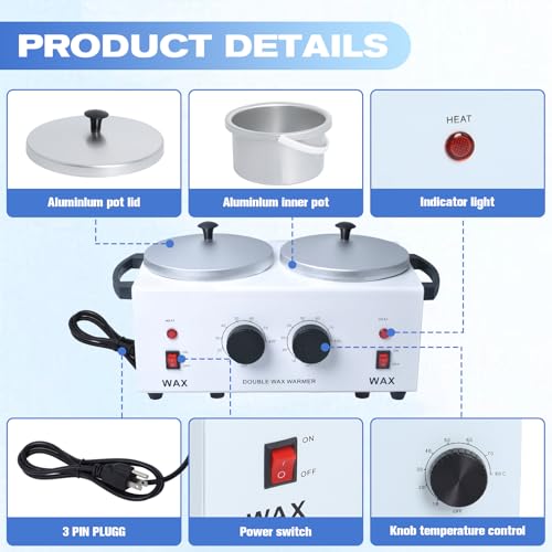 Double Wax Warmer Professional£¬Wax pot for Hair Removal with Adjustable Temperature Set, Portable Professional Wax Heater for spa and Salon,Body with 200pcs Wax Sticks