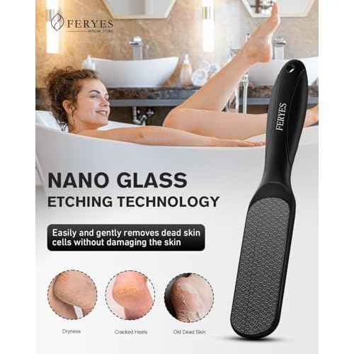 FERYES Dual-Sided Glass Foot File ? Long Handle Foot Scrubber for Dead Skin, Cracked Heel Repair, Pedicure Tools for Callus Removal, Glass Pumice Stone Foot Scraper - Black