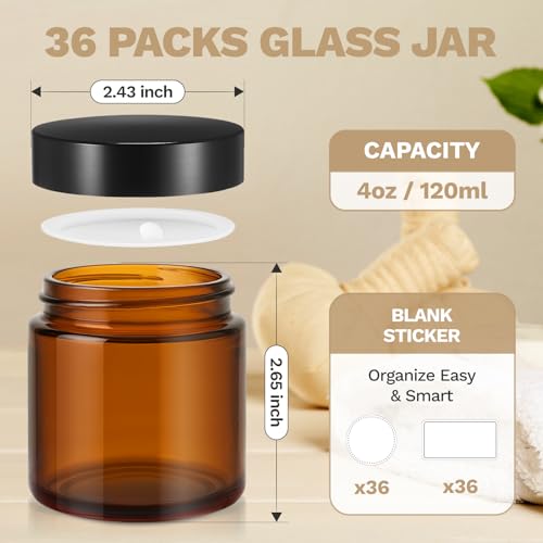 36 Pack 4 oz Amber Glass Jars with Lids | Extra-Thick