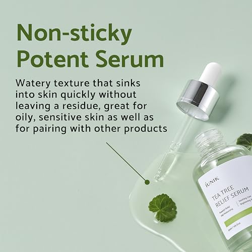 IUNIK Tea Tree Relief Vegan Serum for Acne-Prone Skin - Non-Sticky & Lightweight Facial Ampoule with Centella Asiatica for Soothing, Calming, and Balancing - Korean Skincare