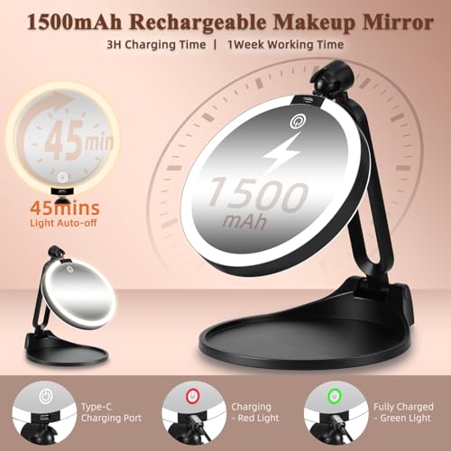 Junyaoxuan Black 6-Inch Double Sided LED Travel Makeup Mirror with 1X/40X Magnification and Dimmable Lights