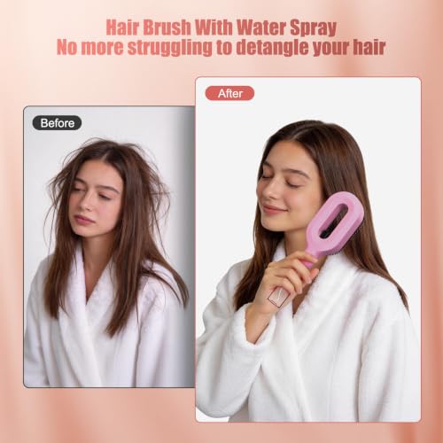 Pink 2-in-1 Portable Misting Hair Brush for All Hair Types - Anti-Frizz Detangler