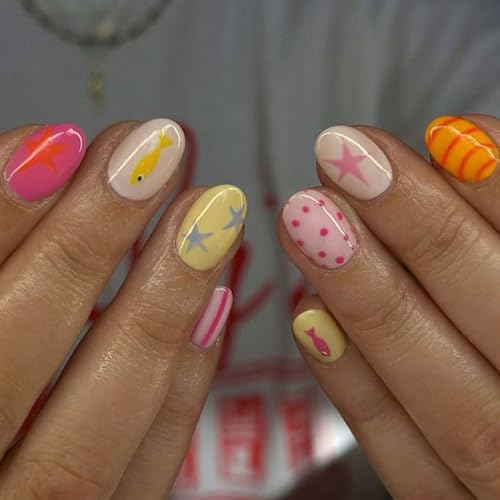 24 Pcs Summer Press On Nails - Striped Ocean Fish Design