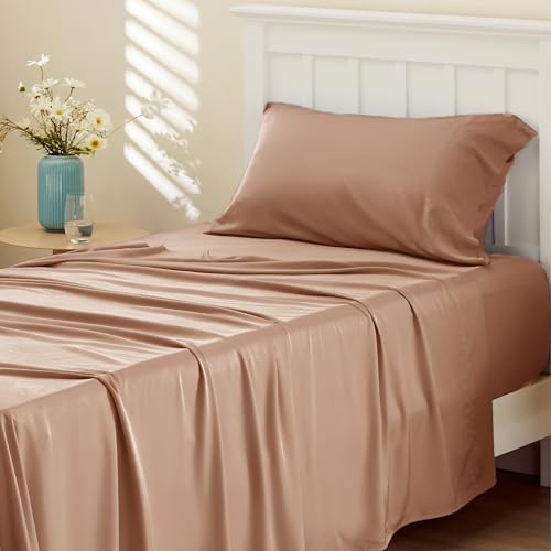 Bedsure Twin Sheets Set, Cooling Sheets Twin Size Bed Set, Rayon Derived from Bamboo, Twin Size Sheets, Breathable & Soft Bed Sheets, Hotel Luxury Silky Bedding Sheets & Pillowcases, Taupe