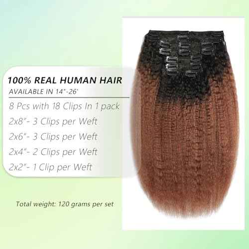 Yaki Straight Clip in Hair Extensions Real Human Hair Ombre Brown 100% Unprocessed Brazilian Virgin Hair Clip Ins Kinky Straight Hair Clip ins for Women 8pcs with 18 Clips 120g Per Set (24 Inch)