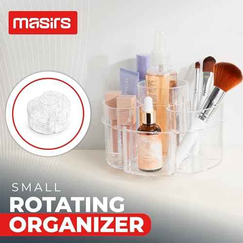 Masirs Small Rotating Makeup Organizer - Mini Yet Spacious Cosmetic Storage Solution with Multiple Compartments - The Perfect Spinning Make-Up Caddy for Vanity or Bathroom Counter (Round - Clear)