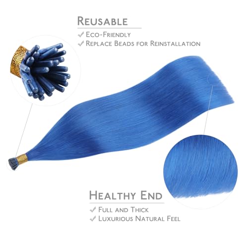 WENNALIFE Blue Remy Human Hair I Tip Extensions 14-24 Inch, 25g, Seamless Fusion