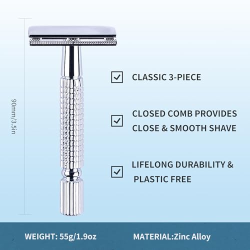 Gearhub Double Edge Safety Razor Reusable Stainless Metal Wet Shaving Razor with 10 Swedish Platinum Blades for Men Women Barber Bikini Armpit Hair, Silver GR131