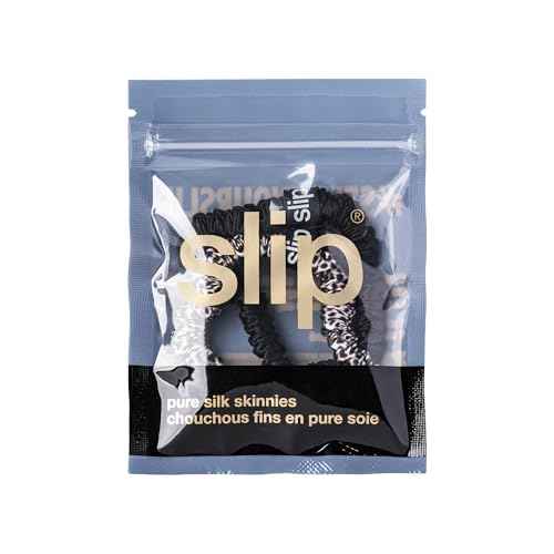 slip Skinny Scrunchies, Black & Leopard |Pure Silk Skinny Scrunchie | 100% Mulberry Silk, Anti-Crease, Gentle on Hair, Reduces Breakage | Stylish & Durable, Amazon Exclusive
