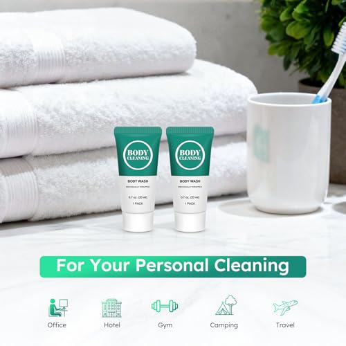 Travel Size Body Wash, Mini Shower Gel Set, 20 ml Individually Wrapped Bulk Trial Sample Small Single Use Toiletries Amenities Kit for Men & Women for Hotel/Camping/Homeless 0.7 Fl Oz (Pack of 60)
