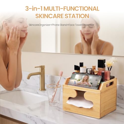 Bamboo Face Towel Organizer with Phone Slot & Double Layer