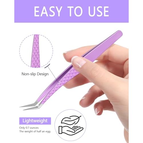MORGLES Eyelash Tweezers for Lash Extensions, Fiber Tip Eyelash Extension Tweezers for Volume Lashes with Bag, Purple