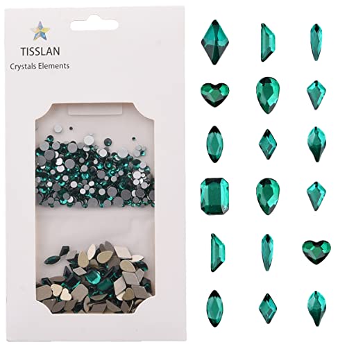 Tisslan 820pcs Glass Green Nail Rhinestones Flatback Crystals Mixed Size and Shapes for Makeup Nail Art Decoration Crafts Cheap Supply