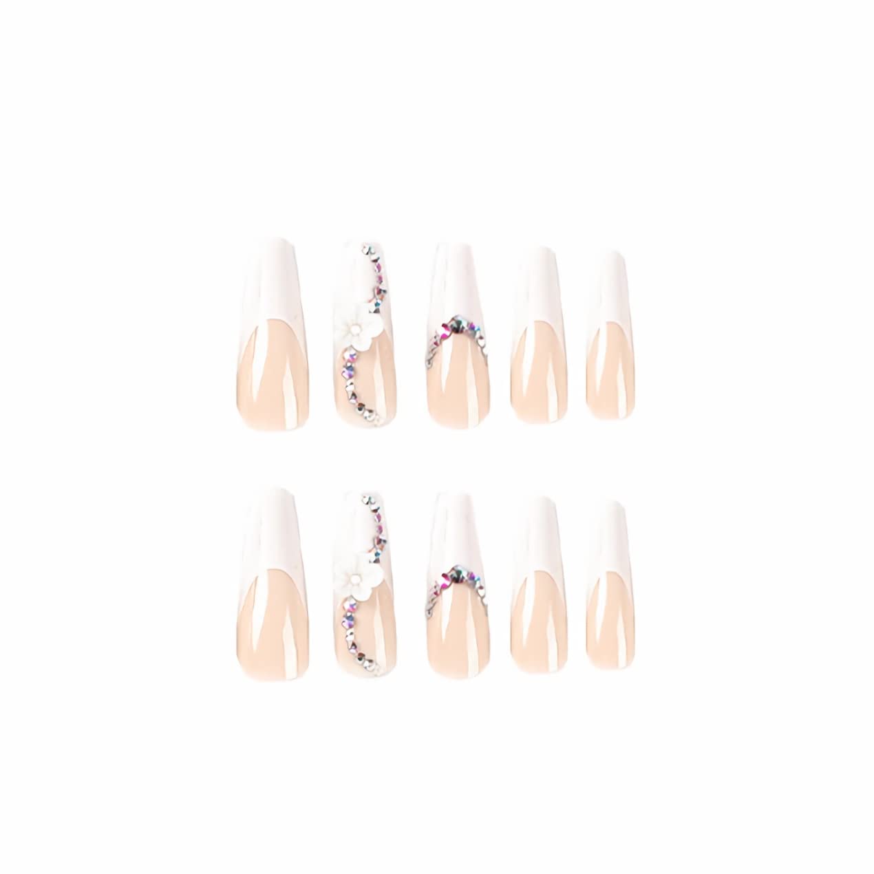 BABALAL Coffin Press on Nails Long Fake Nails White French Tip Glue on Nails Ballerina Flower Rhinestone Acrylic Nails 24Pcs Long Nails for Women and Girls