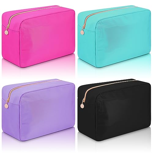 Hushee 4 Pcs Nylon Makeup Bag Travel Makeup Bags for Women Preppy Zipper Pouch Nylon Toiletry Bag Waterproof Storage Organizer(Large,Black, Fuchsia, Mint, Grape)