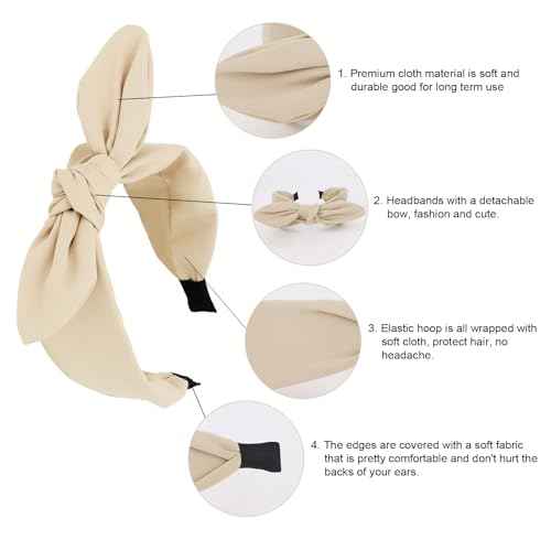 Jaciya 6 Pieces Knotted Bow Headbands for Women Wide Black Headbands for Girls Hair Accessories Knot Headband with Bow(Black/Brown/Khaki/White)