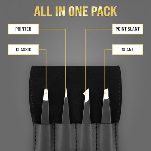 4-in-1 Tweezers Set? Precision Stainless Steel Slant, Pointed & Angled Tweezers for Eyebrow Shaping, Facial Hair & Ingrown Hair Removal ?for Women & Men