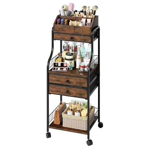 SWTYMIKI Rolling Makeup Organizer Cart - Floor Skincare Storage with Non-woven Drawers, Vanity Organizer Cosmetic Display Cases with Wheels, Cabinet for Skin Care Perfume Nail Polish Brush Hair Tool