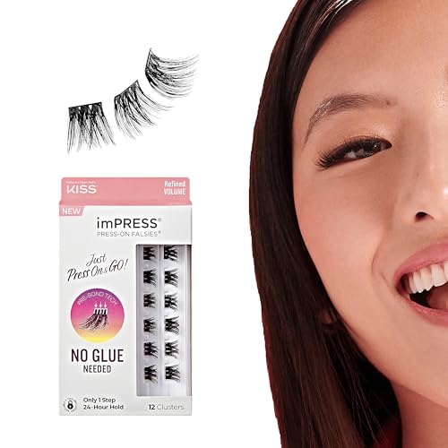 KISS imPRESS Falsies Press On Self Adhesive Eyelashes, 10mm-12mm Glam Volume Press On Lashes, Black, No Glue Needed, Invisible Band, 12 Lash Clusters - Refined