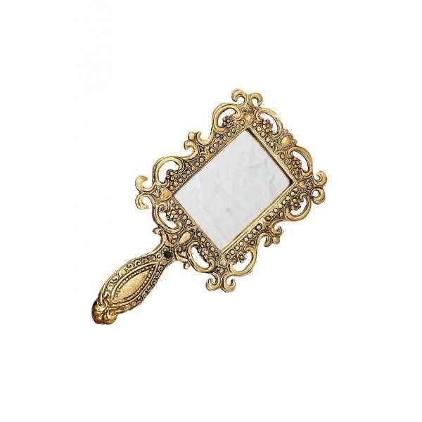 KridayKraft Beautifully Carved Square Shape Gold Plating Metal Hand Mirror for Makeup, Travelling, Salon Mirror & Decorative Antique Item, Framed
