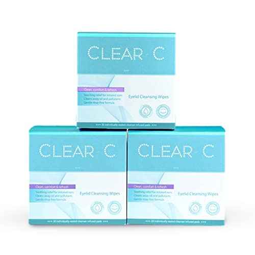 Clear C Eyelid Wipes Pre-Moistened for Dry Eyes ? Rinse Free Eye Lid Cleaning Wipes ? Individually Wrapped Travel Eye Wipes, 3 Boxes of 30