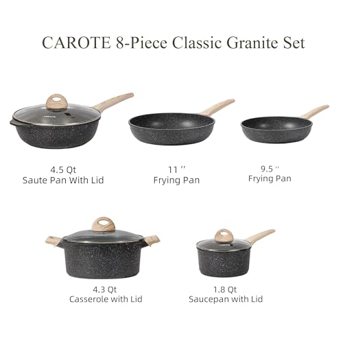 CAROTE Pots and Pans Set, Nonstick Cookware Set Non Stick Frying Pan Set, Granite Cookware Sets 8 Pcs,Pots and Pans Set (Granite, induction cookware)