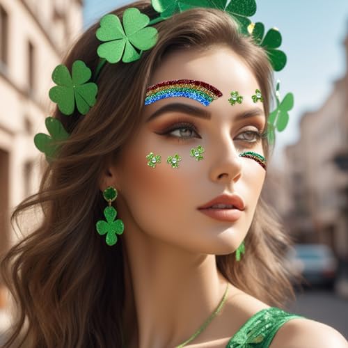 Totelux St Patricks Day face Stickers Shamrock Glitter Tattoos Green Clover Face Tattoos with Gems Eye Body Fake Temporary Tattoo for Adult kids Makeup St Patricks Day Decoration Parade Party Supplies