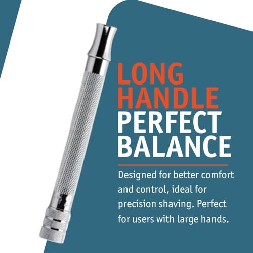 MERKUR 23C Double Edge Safety Razor - Polished Chrome, Long Knurled Brass Handle, Made in Germany, Plastic-Free, Three Piece Design, Closed Comb, Straight Bar