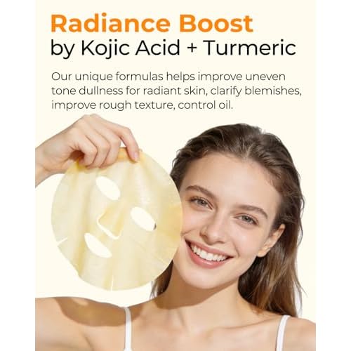 6 Sheet Masks Kojic Acid Turmeric Face Mask Even-Looking Skin Tone, Elasticity, Radiant, Hydrating Face Masks for Dull Skin Facial Mask Controlling Oil and Refining Pores Facemask Skincare