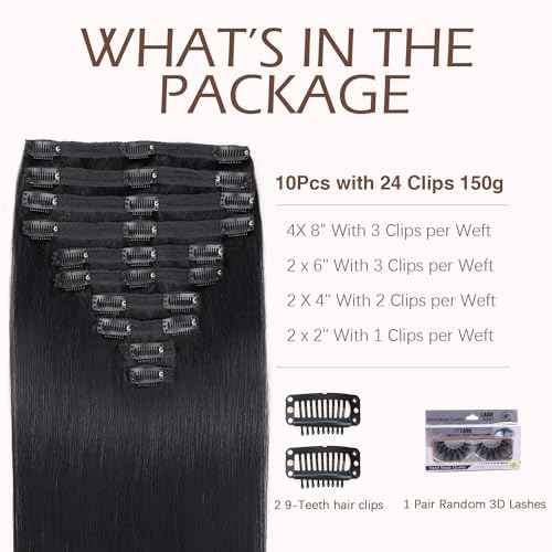 CanaryFly Straight Clip in Hair Extensions Real Human Hair,10Pcs 100% Unprocessed Full Head Brazilian Virgin Human Hair Clip ins for Women,Natural Silk Human Hair 150g 14inch #1B Natural Black