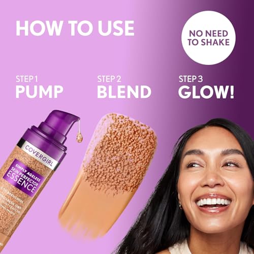 Covergirl Simply Ageless Skin Perfector Essence Foundation, 20 Light, Tinted Skincare Makeup Hybrid, Sheer Tint, Radiant Finish, Glowy Finish, Vegan Formula, 1.0oz