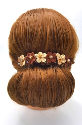 Side Comb Hair accessories French twist hair comb Decorate Daisy Flowers made from fabric handcraft. (Brown Two Tone)