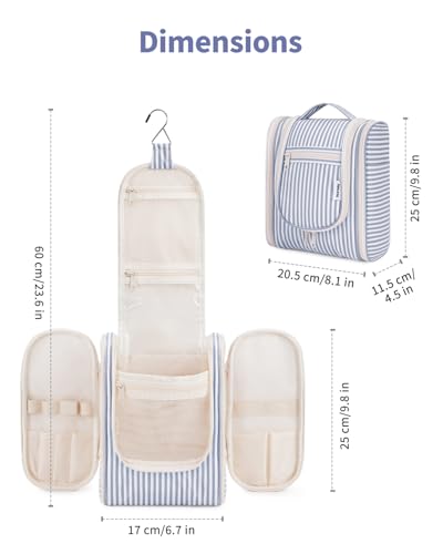 Narwey Hanging Travel Toiletry Bag for Women, Medium, Greyish Blue Stripe