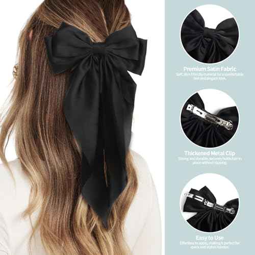 Silky Satin Hair Bows - 4PCS Ribbon Bows for Women & Girls, Big Bow Hair Clips with Long Tail, Barrettes - Cute Hair Accessories Gifts (Black, Blue Grey, Grey, White)